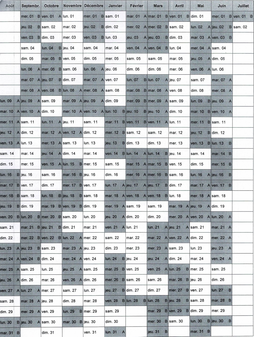 Calendrier scolaire 2021-2022 semaines A et B